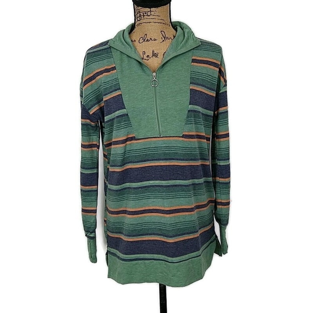 Cuddl Duds Striped Pullover 1/4 Zip Cowl Neck Green Blue Cozy Lounge Top sz XS